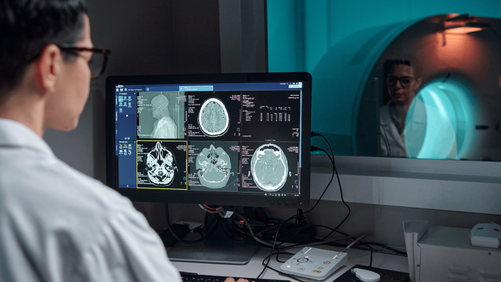 Doctor analysing brain scan using advanced medical imaging in Barcelona hospital