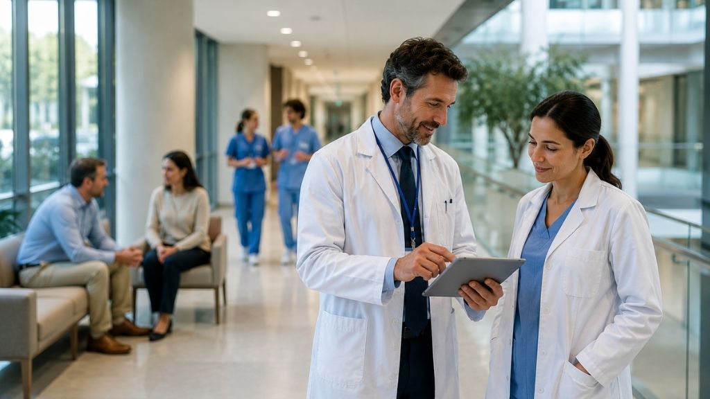 Illustrative image of medical specialists discussing patient care in a modern hospital in Barcelona