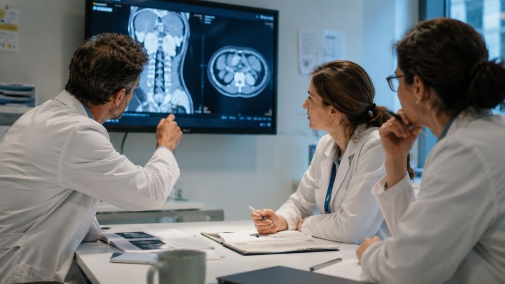 Equip mèdic multidisciplinari que revisa exploracions diagnòstiques per al tractament de neuroblastomes d'alt risc a Barcelona.