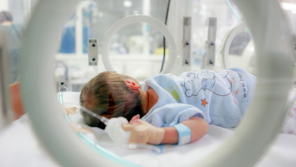 Premature baby receiving specialised neonatal care in an incubator